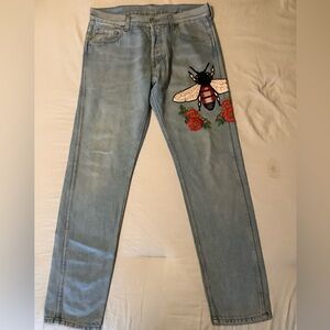 Gucci Blue Straight Jeans Classic Denim Style embroidered butterfly & flowers